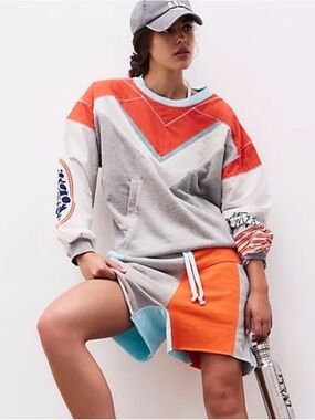 Free People Colorblock Crewneck Sweatshirt Dress in Gray, Orange & Light Blue